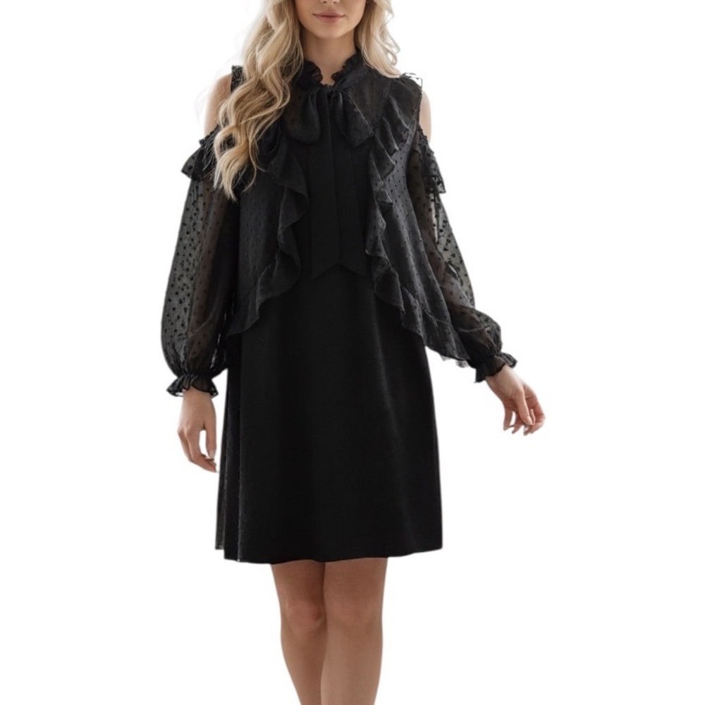 Zara Black Swiss Dot Cold Shoulder Ruffle Tie Neck Mini‎ Dress Small Feminine